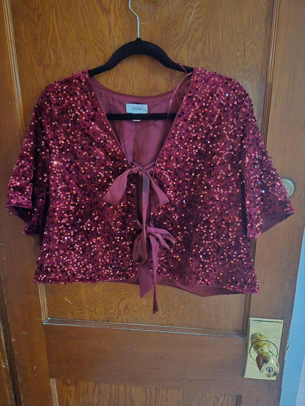 CeCe Burgundy Sequin Tie-Front Cropped Top